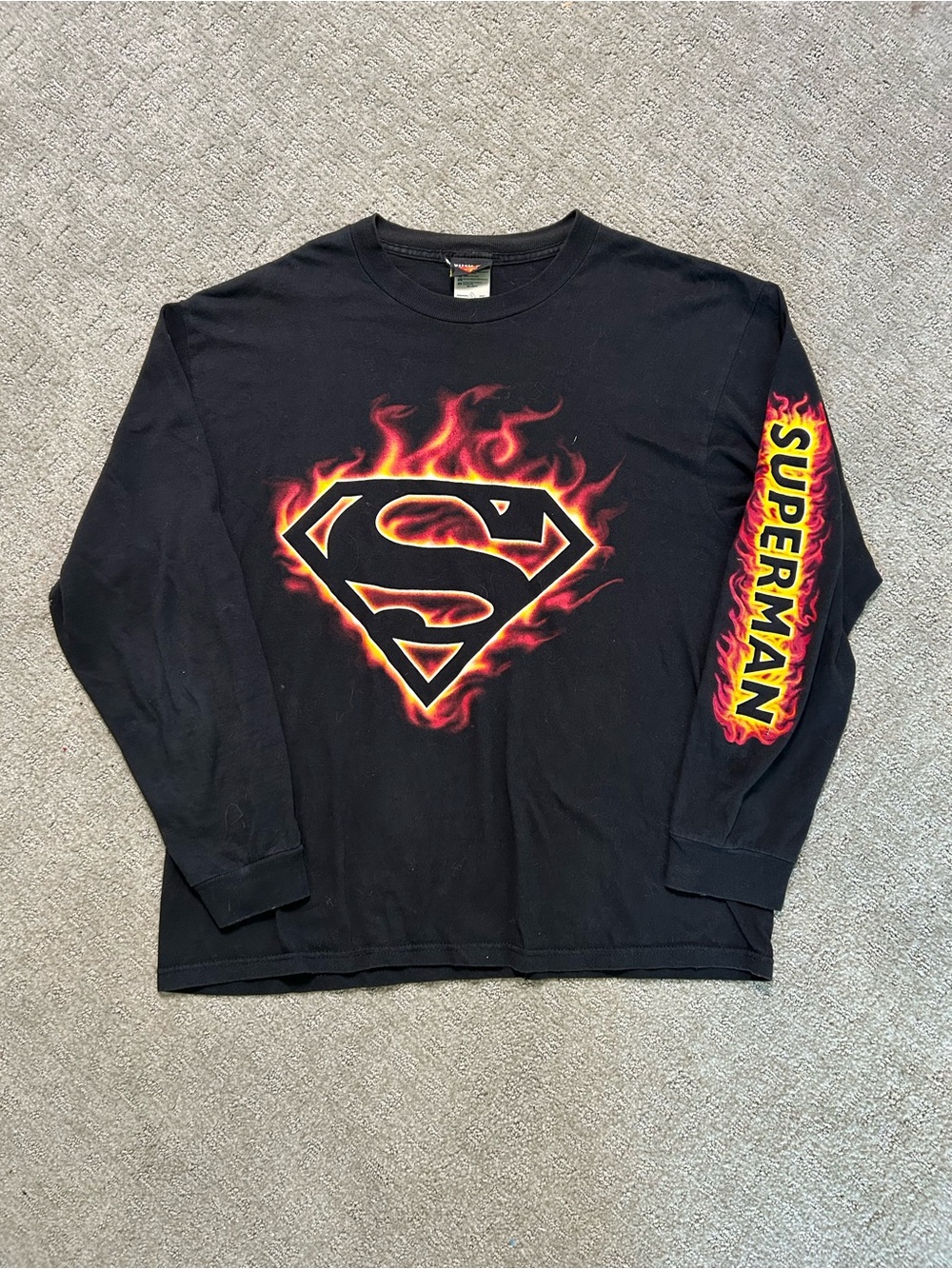 Y2K 2000s Superman Shirt Mens Large Black Fire Flame Graphic Long Sleeve T-shirt